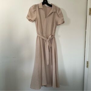 Feminine Beige Midi Dress Puff Sleeve 4 Old Money Capsule Minimalist Office